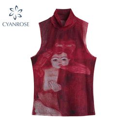 Tie Dye Mesh High Neck Hand Painted Printed Women Top 2022 Summer Fashion Sleeveless Slim T Shirt Lady Holiday Beach Style Tops 220207