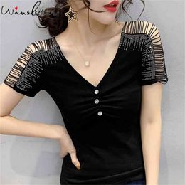 Women White Folds-Front Short Sleeve Tops Summer Shiny Diamond Teeshirt Casual Cut-Out V-neck T-Shirts Cotton T03603B 210421