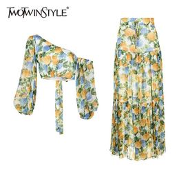 TWOTYLE Bohemian Print Two Piece Set For Women Skew Collar Long Sleeve Tops High Waist Maxi Skirt Hit Colour Sets Female 211106