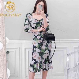 Summer Runway Designer Floral Flower Luxury Mermaid Party Dresses Vintage Elegant Lady V Neck Midi Long Dress Vestidos 210506