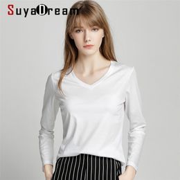 SuyaDream Women Solid T shirts Cotton and Silk mix Plain O neck Long Sleeved Shirts Autumn Winter Basic Top 210623