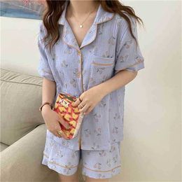 Comfortable Girls Thin Printing Fashion Summer Femme Sweet Casual Cotton Soft Sleepwear Loose Pajamas Sets 210525