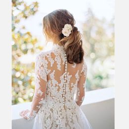 Romantic High CollarWedding Gowns A-Line Garden Wedding Dresses Lace Appliques Covered Buttons Long Sleeve Sheer Back