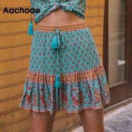 Summer Floral Print Mini Skirt Drawstring Waist Boho Style Beach Skirts Lady Pleated Bottoms Mujer Faldas S-L 210413