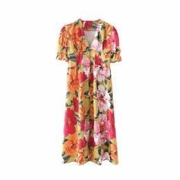 Oversize Women V Neck Straight Dress Summer Fashion Ladies Chinese Style Female Flower Oil Painting Print 210515