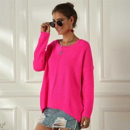 Women's Neon Color Sweater Spring Autumn Female Slash Neck Fashion Knitted Shirts Casual Oversized Pullover Loose Jumper Tops 211011