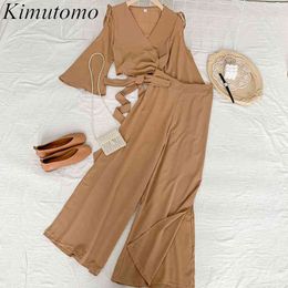 Kimutomo Summer Sets Women Off Shoulder Bandage Chic Short Tops + High Waist Split Wide Leg Pants Solid Two Piece Suit 210521