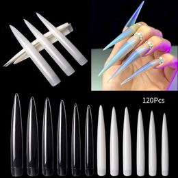 120pcs Extra Long Stiletto Nail Tips 10 Sizes Natural Clear Acrylic False Nails for Salons Teaching Practice and DIY Makeup