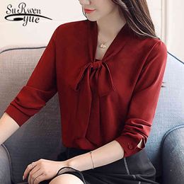 Casual Bow V-neck OL Blouse Fashion Woman s Long Sleeve Chiffon Women Shirt Blusa Feminina Women1022 40 210508