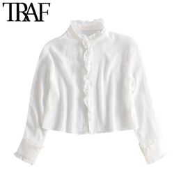 TRAF Women Fashion See Through Ruffles Cropped Blouses Vintage Long Sleeve Button-up Female Shirts Blsuas Chic Tops 210415