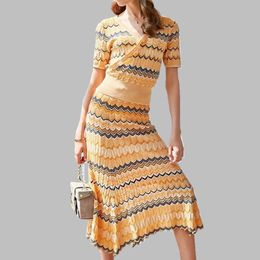 High Quality Fashion Summer Women's Stripes Knit Tops +Two-Piece Holiday Long Skirt Suit 210520