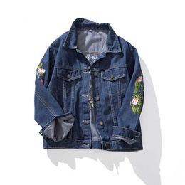 Denim Jacket Women Spring Streetwear Single Breasted Floral Embroidery Turn-down Collar Plus Size 3XL 4XL 5XL Jean Jackets 210625