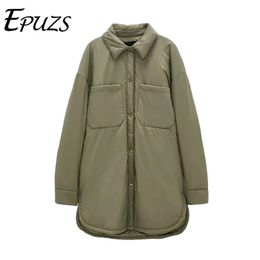Winter Fashion Arrival Turn Down Collar Long Sleeve Shirt Coats Black Green Women Parkas With Pockets Mujer Solid Jackets 211014