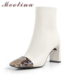 Meotina Snake Print Genuine Leather High Heel Mid Calf Boots Women Shoes Square Toe Chunky Heels Zipper Ladies Boots White 40 210608