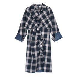 PERHAPS U Turn Down Collar Shirt Dress Blue Red Plaid Ruffle Autumn Long Sleeve Elegant D0786 210529