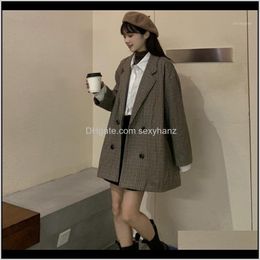 Wool Blends Winter Womens Plaid Suit Office Ladies Long Coat Retro Doublebreasted Jacket Simple Elegant Female Woollen Blazer1 Aiqgf Vqokm