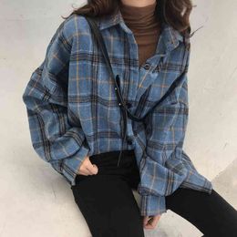 Korean Style Oversized Plaid Shirts Blouse Women Autumn Cotton Long Sleeve Plus Size Button Shirt Blusas A10B 210420