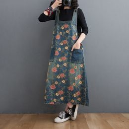 Johnature Strap Denim Loose Print Flower Dress Plus Size Spring Casual Vintage A-Line All-match Women Dresses 210521