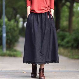 Spring Autumn Arts Style Women High Waist A-line Long Skirt All-matched Casual Patchwork Lace Cotton Linen Skirts M228 210512
