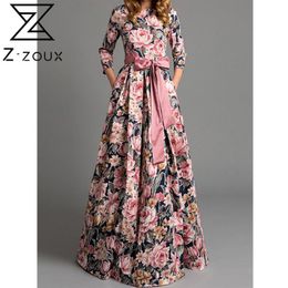 Women Dress Printed Lace Up Bohemia Sexy Long Print Floral Maxi es High Waist Big Hem Ball Gown Autumn Winter 210524