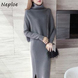 Neploe Korean 2 Piece Set Thicked Warm Turtleneck Sweaters Women + Solid Colour O-neck Split Knitted Dress Autumn Winter Suit 210423