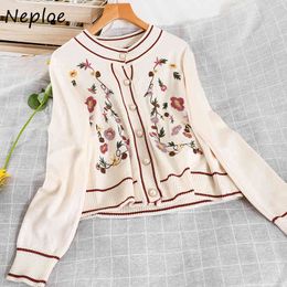 Neploe Flower Embroidery Loose Knit Cardigans Sweater Women O Neck Long Sleeve Single Breast Pull Femme Coat Spring Sueter 210510