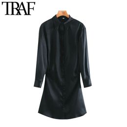 TRAF Women Chic Fashion With Covered Buttons Soft Touch Mini Dress Vintage Long Sleeve Side Zipper Female Dresses Mujer 210415