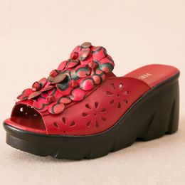 Slippers Vintage Style Women's Summer With Waterproof Platform Genuine Leather Wedges Casual Anti-Slip Street Shoes