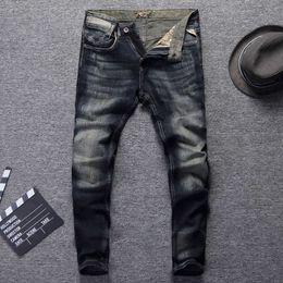 Italian Vintage Style Fashion Men Jeans Retro Wash Dark Color Slim Fit Classical Ripped Pants Streetwear Hip Hop WIXD