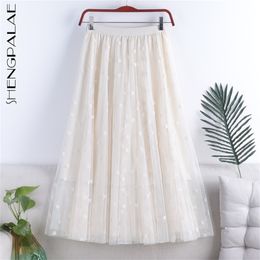 Super Fairy A-line Skirt Women's Spring Swing High Waist Thin Double Layer Mesh Flocking Female 5C159 210427