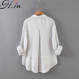 HSA Button Down Linen Top Plaid Blouse Lapel Casual Long Sleeve Shirt Women Work Female OL Style Blusas Mujer 210417