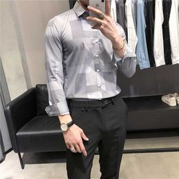 Geometry Plaid Shirt Men Spring Casual Business Formal Dress Shirts Korean Slim Fit Long Sleeve Wedding Social Party Blouse 210527