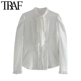 TRAF Women Fashion With Bow Ruffled Blouses Vintage Long Sleeve Button-up Female Shirts Blusas Chic Tops 210415