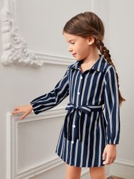 Toddler Girls Striped Bishop Sleeve Belted Shirt Dress SHE