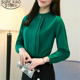 Blusas Mujer De Moda Womens And Beading Chiffon Blouse Solid Stand Women Blouses Shirt Tops Clothing 1956 50 210415