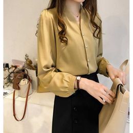Spring Women's Simple Solid Colour Chiffon Shirt Long Sleeve V-Neck Loose Blouse 210607