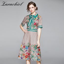 Summer est Runway Designer Bowknot Dress Women's Short Sleeve Shirt Collar Floral Letter Printed Khaki Midi Dresses 210416