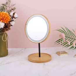 2022 LED Makeup Natural Wood Light Portable Cosmetic Mirror Storage Box Case Retro Lighting
