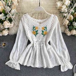 Vintage Crochet Hollow Flowers Embroidery Knitted Stitching Women Blouse O Neck Long Sleeve Spring Autumn Shirt Women's Clothing 210603