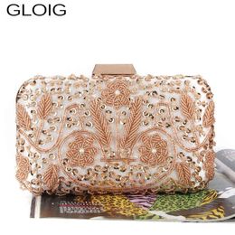 Evening Bags Small Wedding Bridal Handbags Sequined Day Clutch Purse Beading Flower Women Bags Golden Metal Luxury Evening Bags 220314