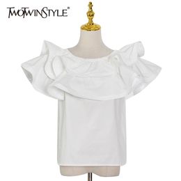 White Patchwork Ruffle Casual Shirts For Women Slash Neck Short Sleeve Slim Blouses Female Summer Fashion 210524