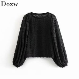 Solid Women Blouse Fashion Tassel Patchwork Shirt Chic O Neck Ladies Tops Spring Autumn Puff Long Sleeve Loose Femininas Blouse 210414