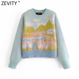 Women Fashion Basic O Neck Scenery Pattern Casual Knitting Sweater Female Chic Long Sleeve Pullovers Tops S620 210416