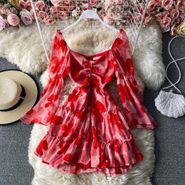 Casual Dresses Spring And Autumn Style Mori Drawstring Pleated Chiffon Floral Dress Fashion Temperament V-neck Low-cut Sexy A-line Short Ski