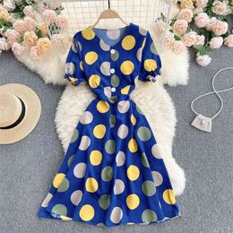Women Fashion Sweet Short Sleeve High Waist Thin V-neck A-line Dress Summer Harajuku Dot Print Vestidos S234 210527