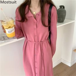 Knitted Single-breasted Women Sweater Dress Full Sleeve Turn-down Collar Sashes Midi Dresses Vintage Solid Fashion Vestidos 210513