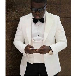 White Formal Groom Tuxedo for Wedding African Fashion Slim Fit Men Suits 3 Piece Male Jacket Vest with Black Pants 2021 X0909