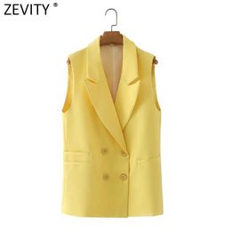 Zevity Women Fashion Sleeveless Yellow Vest Jacket Office Ladies Business Casual Suits WaistCoat Pockets Outwear Tops CT683 210603