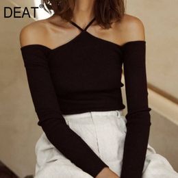 DEAT straps off the shoulder full sleeves elastic pullover knitting slim sexy top female vestido summer and autumn WR12400M 210428