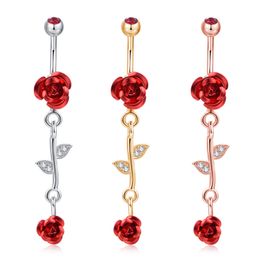 Sexy Surgical Steel Double Rose Long Belly Button Rings Crystal Zircon Drop Dangle Navel Ring For Women Men Body Jewellery